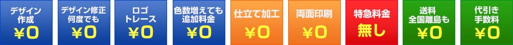 デザイン無料、送料無料、追加料金なし、ロゴトレース無料、代引き手数料無料、配送全国離島も無料、特急料金無料