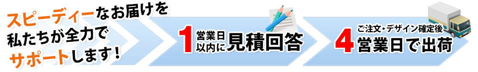 スピーディーなお届けを私たちが全力でサポートします！１営業日以内に見積回答・同時にデザイン初稿提出 ご注文・デザイン確定後３営業日で出荷